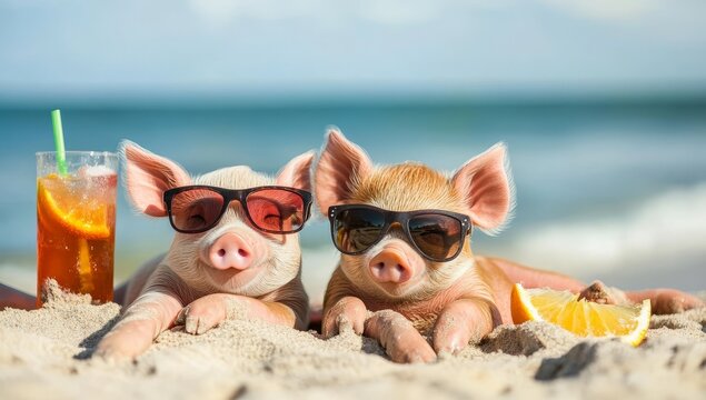 In love, a couple of pigs are relaxing at a beach resort by the sea with a cocktail in hand
