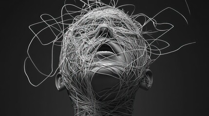 Abstract human head entangled in lines