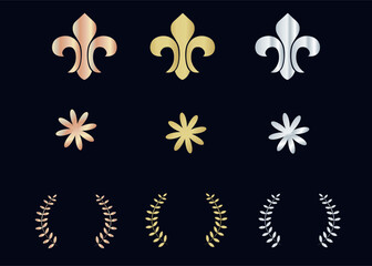 Obraz premium Golden decorative elements set with lily, flower, laurel branches, gold, bronze, silver