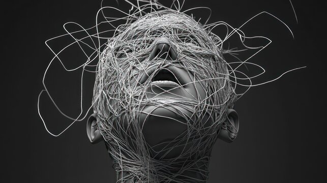 Abstract human head entangled in lines