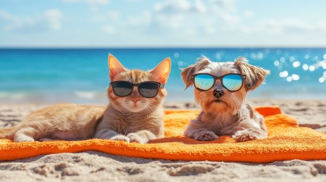 A serene cat and dog wear cool shades on a warm and sunny beach day