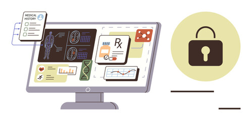 Computer screen with medical data, patient history, DNA visuals, graphs, and prescriptions paired with a security padlock. Ideal for healthcare, cybersecurity, technology, data safety privacy