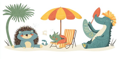Fototapeta premium On a sunny summer beach, a set of cute animals are indulging in rest and relaxation, enjoying their time off during the holidays