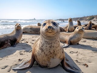 On a sandy beach, a group of seals can be found sunbathing and taking it easy by the water's edge