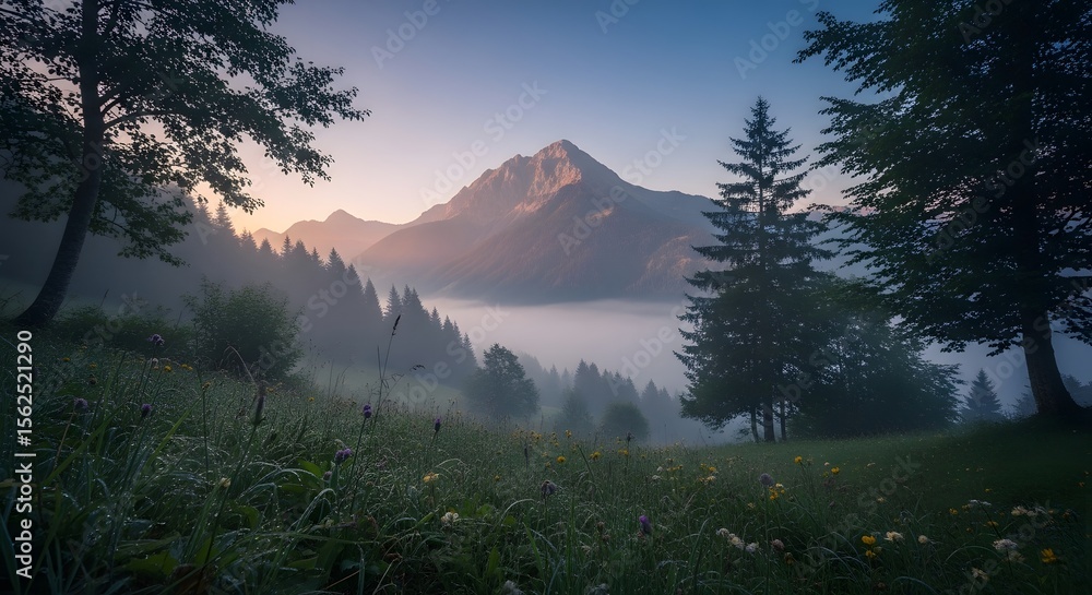 Poster scenic landscape with low-lying fog creating a hazy atmosphere in valley. mountains rise in the back