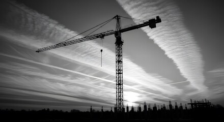 Monochrome image of a construction crane silhouetted against a dramatic sky filled with contrails and subtle cityscape at sunset.
