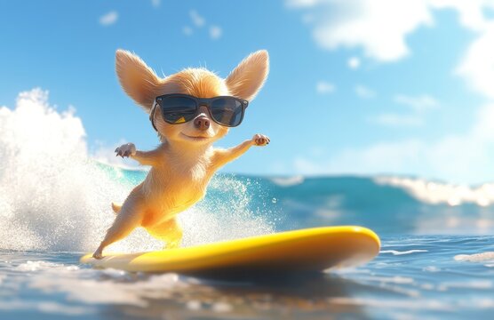 An adorable dog, sporting sunglasses, rides a yellow surfboard through the ocean's waves, creating a humorous scene during a summer holiday, filled with fun and enjoyment in a tropical coastal
