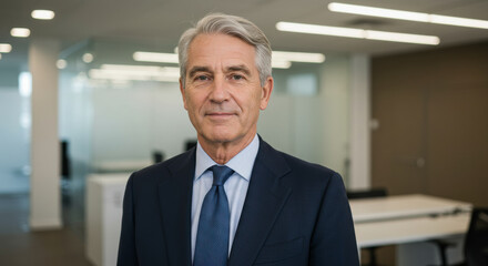 Naklejka premium A middle-aged office manager in a blue suit and tie reflects wisdom and leadership, his composed demeanor and polished style highlighting years of experience in a formal business setting. 