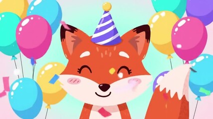 Cartoon fox wearing party hat celebrating birthday with balloons
- Powered by Adobe