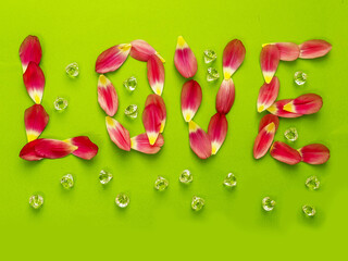 Sign love made of pink tulip petals and gems stones on green background. Romance and passion...