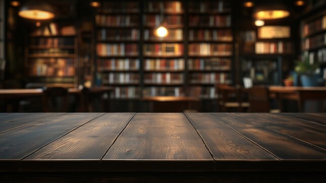 Dark wooden table with blurred library background of bookshelves, study tables, and warm soft lighting