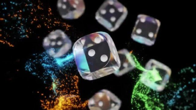 Transparent dice falling through green mist background representing gambling
