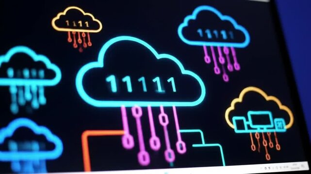 Neon outlined cloud shapes representing cloud computing and digital technology
