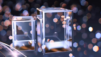 Transparent cubes background are rotating on a reflective surface, with sparkling lights and a bokeh effect in the background, creating a luxurious and futuristic atmosphere - Powered by Adobe