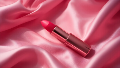 Luxurious pink lipstick on a draped satin backdrop.A close-up image of a vibrant red lipstick tube resting on a swath of soft, draped pink satin.