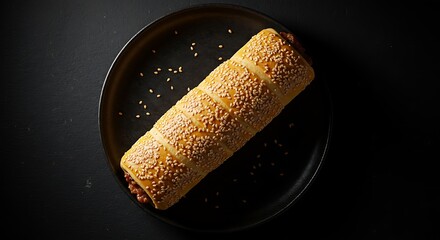 Sesame-Covered Pastry Roll on Dark Ceramic with Crisp Golden Crust