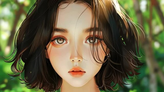 A dreamy anime-style girl with short dark hair, large expressive eyes, and soft lighting in a lush outdoor forest setting.