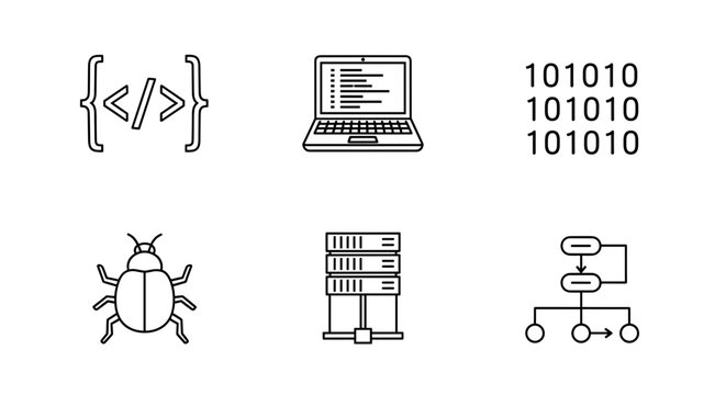 Six distinct line icons depicting coding, computing, and data related symbols in a clean layout
