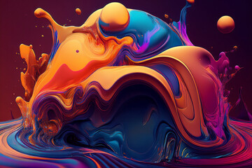 A Powerful and Majestic Wave of Abstract Liquid Art, Vibrant 3D Surge of Orange and Blue Fluid Paint