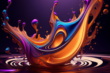 Abstract Panoramic Banner of a Dynamic Liquid Art Flow, Vibrant 3D Background with a Mix of Orange and Blue Colors
