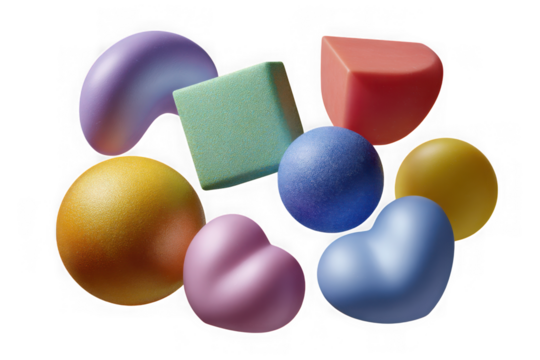 Assortment of colorful geometric and organic shapes isolated on transparent background