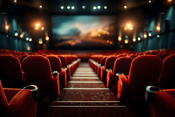 Empty Movie Theater With Red Seats And Projection Screen