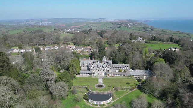 Torquay, Torbay, South Devon, England: DRONE VIEWS: Brunel Manor, the former house of the famous Victorian civil engineer, Isambard Kingdom Brunel. Torbay is a popular UK holiday destination (Clip 2).