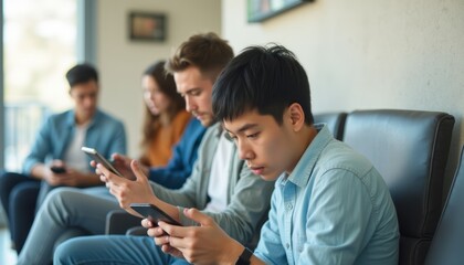 Group of young adults engrossed in their smartphones