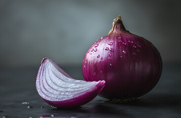 Czerwona cebula z kroplami wody na ciemnym tle