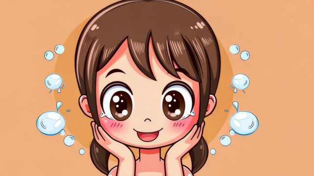 Cartoon Girl Fresh Face: An adorable cartoon girl with a radiant complexion smiles brightly, her face surrounded by glistening water droplets in a charming depiction of purity and refreshment.
