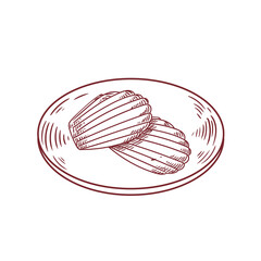 Original hand-drawn illustrations of a Madeleine on a plate in a minimalist, linear style. Ideal for posters, bakeries, cafe menus, and graphic design.
