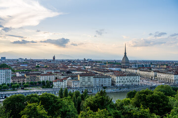 Aerial view of the city of Turin, Italy seen from the hill