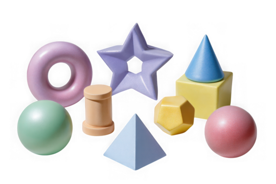 Collection of colorful geometric shapes with a subtle glitter effect isolated on transparent background