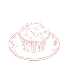 Original illustrations of a chocolate muffin on a plate, hand-drawn in a minimalist, linear style. Ideal for posters, bakeries, cafe menus, and graphic design.