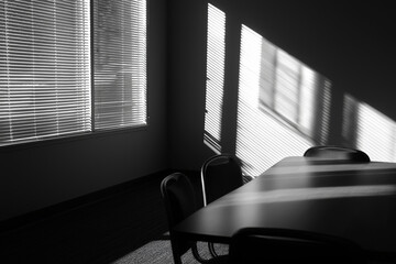 Soft shadows of blinds falling across an unused meeting table