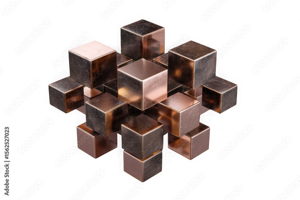 Fototapete cluster of copper cubes arranged in a geometric formation isolated on transparent background