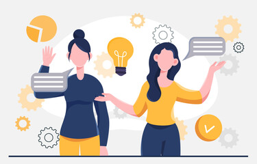 Business consulting concept. Women near graphs and light bulb. Consultant and assistant, analyst. Businesswoman think about corporate strategy. Advice and recommendation. Flat vector illustration