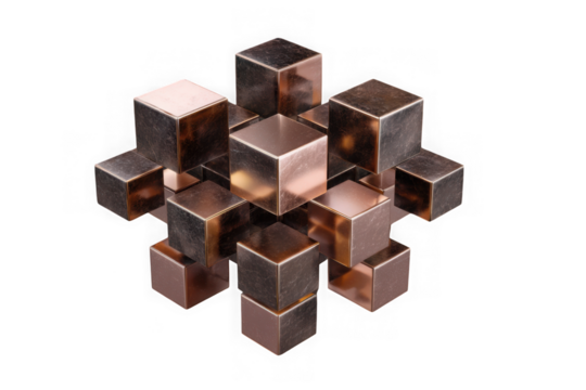 Cluster of copper cubes arranged in a geometric formation isolated on transparent background