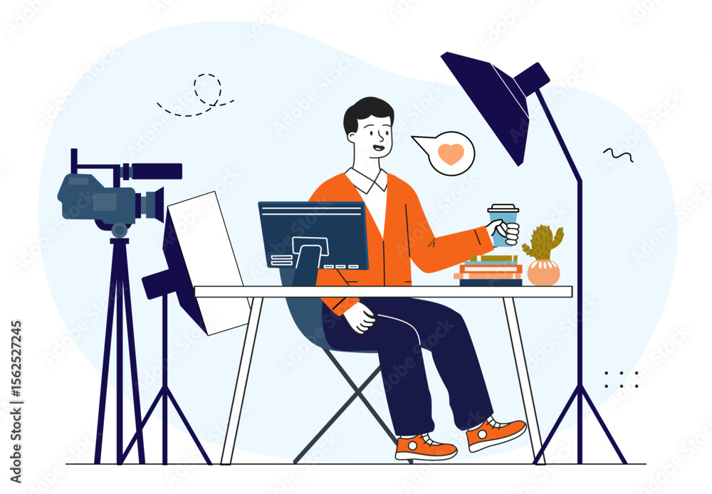 Poster blogger shoots blog. man with coffee in hands sits in front of camera and softbox. professional blog