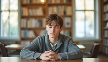 Thoughtful young man in a cozy library