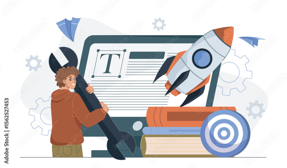 Poster cms introduction content. man with wrench near computer monitor with article. digital marketing. pro