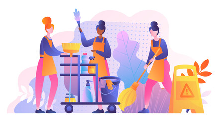 Cleaning service workers. Women in uniform with cleaning products, bucket and mops, sponge and brush. Cleanliness and hygiene. Routine and household chores. Flat vector illustration