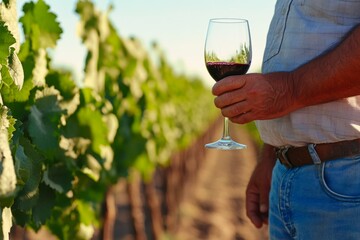  Man enjoying wine tasting at Argentine vineyard in sunlit landscape, capturing local luxury and elegance