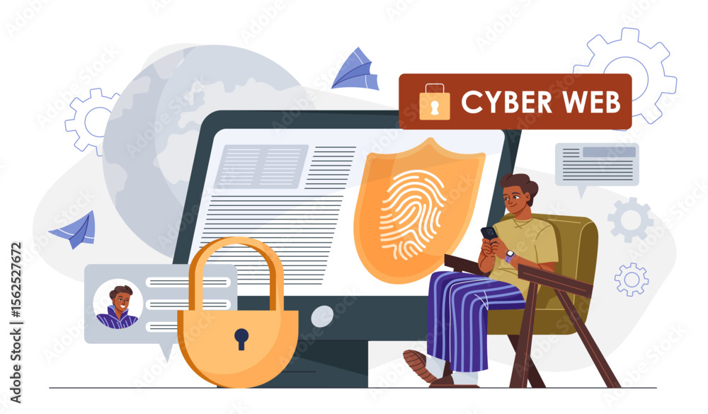 Poster cyber or web security. man near padlock and computer monitor. safety and personal data protection, a