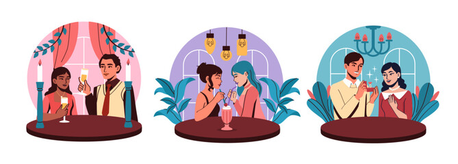 Date in cafe set. Happy young couple at romantic meeting with champagne. Two girls drink milky cocktail. Man gives woman ring. Flat vector collection