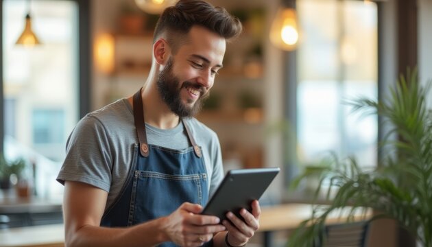 Smiling barista using a tablet in a cozy cafe