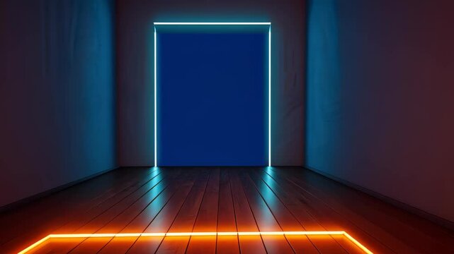 Neon Portal: A mesmerizing display of vibrant neon lights framing a doorway, casting a futuristic and captivating ambiance within a minimalist architectural space. 