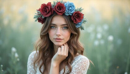 Enchanting woman with floral crown in a serene meadow