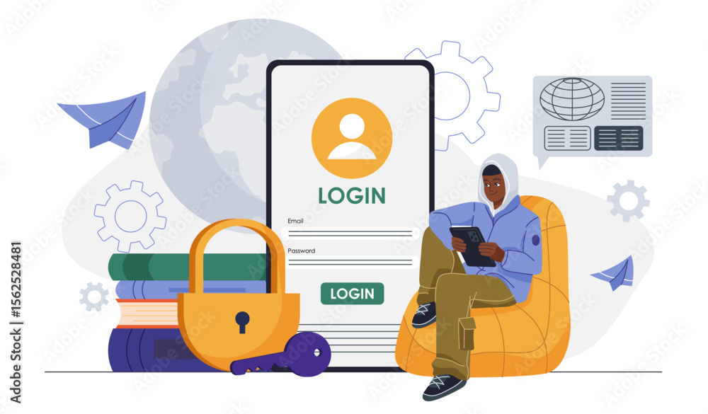 Poster man enters login. young guy with smartphone enters login and password. user logs into system. author
