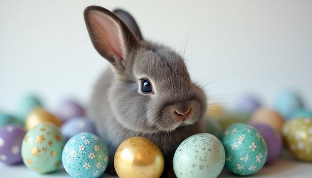 Adorable gray bunny surrounded by colorful Easter eggs - Powered by Adobe